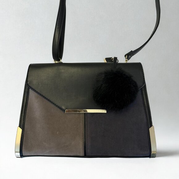 Black & Gray Structured Handbag with Gold Accents and Furry Charm - Picture 1 of 2